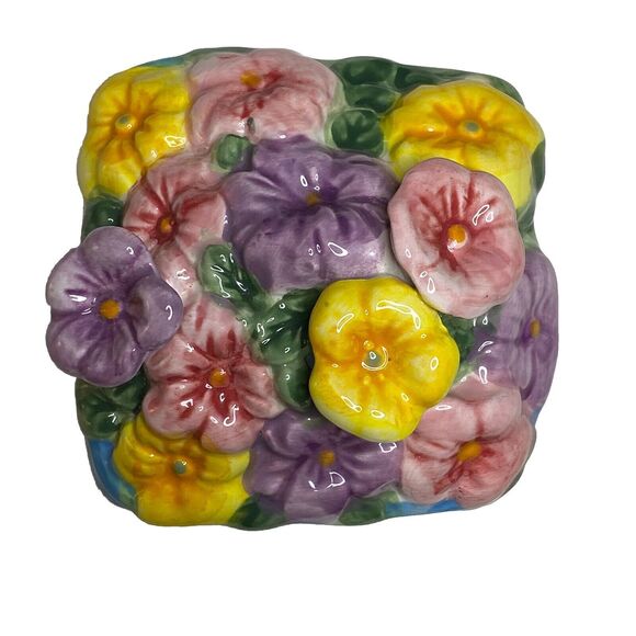 Vtg Maxcera Cookie Jar Volkswagen Beetle VW Bug Car Blue Ceramic Spring Flowers - Picture 6 of 10